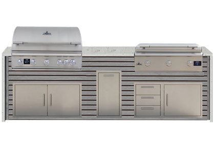 Blaze 10-Foot Grill Island with 40-Inch 5-Burner Gas Grill, 40-Inch 3-Burner Gas Griddle, Granite Countertop with Waterfall Granite Sides