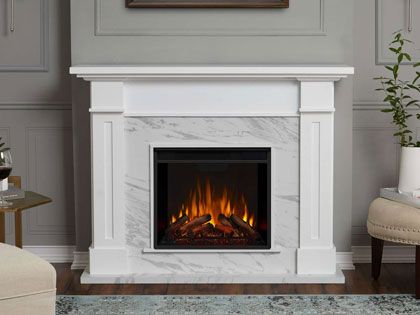 Kipling 54-Inch Electric Fireplace Mantel in White Marble