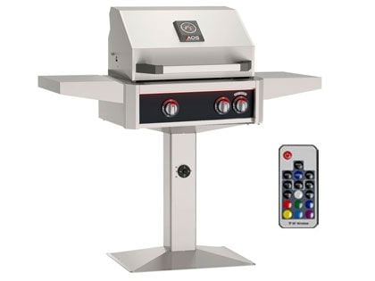 AOG L-Series 24-Inch 2-Burner Gas Grill With Rear IR Burner, Rotisserie Kit, Internal Lights & LED Multi-Color Lights on Patio Post Base - Black