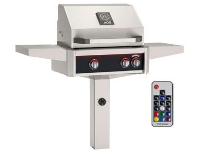 AOG L-Series 24-Inch 2-Burner Gas Grill With Rear IR Burner, Rotisserie Kit, Internal Lights & LED Multi-Color Lights on In-Ground Post Base - Black