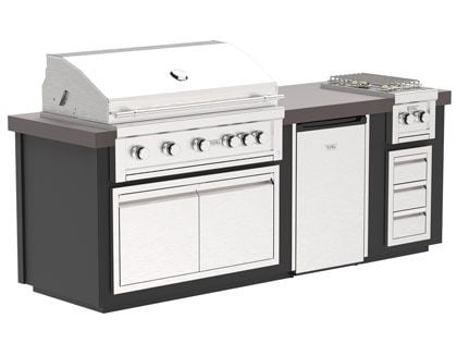 Videl 8-Ft Luxe Outdoor Kitchen Island with Gran Fuego 42-Inch 5-Burner Gas Grill, Double Side Burner and 4.5 Cu. Ft. Refrigerator