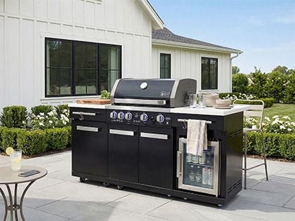 Mont Alpi 4-Burner 70-Inch Gas BBQ Grill Island with Infrared Rear Burner, Rotisserie Kit & Refrigerator - Black Stainless Steel
