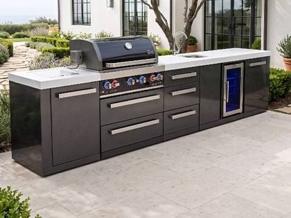 Mont Alpi 4-Burner 12-Foot Island with Sink & Beverage Center, Refrigerator, Infrared Side Burner, Infrared Rear Burner & Rotisserie Kit - Black Stainless Steel