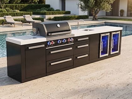 Mont Alpi 4-Burner 12-Foot Island with Sink & Beverage Center, Refrigerator, Infrared Side Burner, Infrared Rear Burner & Rotisserie Kit - Black Stainless Steel