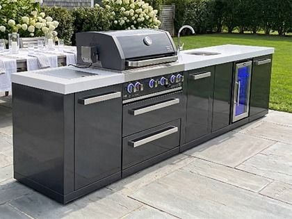 Mont Alpi 4-Burner 12-Foot Island with Sink & Beverage Center, Refrigerator, Infrared Side Burner, Infrared Rear Burner & Rotisserie Kit - Black Stainless Steel