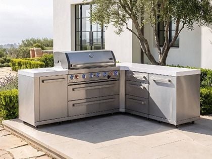 Mont Alpi 6-Burner 94" x 75" Grill Island with 90-Degree Corner, Ceramic Infrared Side Burner & Infrared Rear Burner  - Stainless Steel