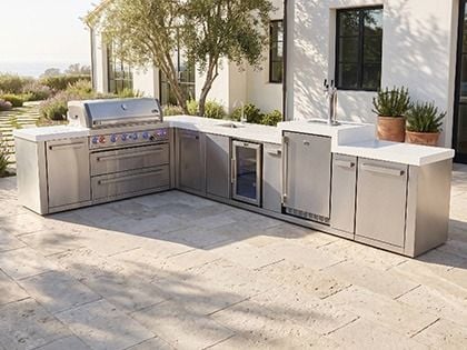 Mont Alpi 6-Burner 94" x 161" Grill Island with 90-Degree Corner, Infrared Side Burner, Infrared Rear Burner, Kegerator, Sink & Refrigerator - Stainless Steel
