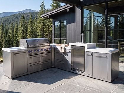 Mont Alpi 6-Burner 94" x 123" Grill Island with 90-Degree Corner, Infrared Side Burner, Infrared Rear Burner & Kegerator - Stainless Steel