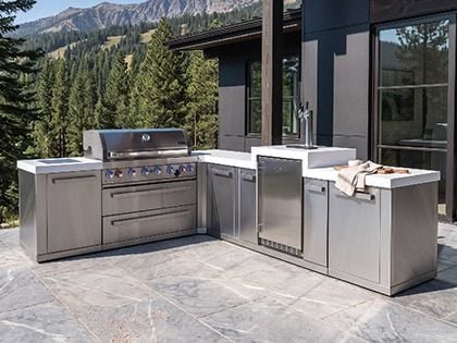 Mont Alpi 6-Burner 94" x 123" Grill Island with 90-Degree Corner, Infrared Side Burner, Infrared Rear Burner & Kegerator - Stainless Steel