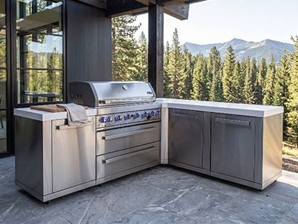Mont Alpi 6-Burner 94" x 75" Grill Island with 90-Degree Corner, Ceramic Infrared Side Burner & Infrared Rear Burner  - Stainless Steel