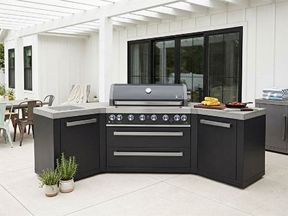 Mont Alpi 6-Burner 110-Inch Modular Outdoor Kitchen with 45-Degree Corners, Infrared Side Burner & Rotisserie Kit - Black Stainless Steel