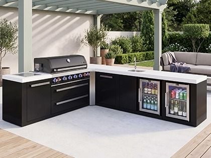 Mont Alpi 6-Burner 94" x 113" Gas Grill Island with 90-Degree Corner, Beverage Center, Refrigerator, Cabinet Module, Infrared Side Burner & Rotisserie Kit - Black Stainless Steel