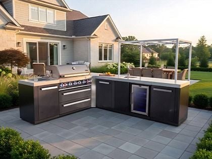 Mont Alpi 6-Burner 94" x 113" Gas Grill Island with 90-Degree Corner, Beverage Center, Storage Modules, Infrared Side Burner & Rotisserie Kit - Black Stainless Steel