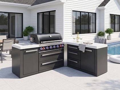 Mont Alpi 6-Burner 94" x 88" Gas Grill Island with 90-Degree Corner, Cabinet Module, Triple Drawers, Infrared Side Burner & Rotisserie Kit - Black Stainless Steel