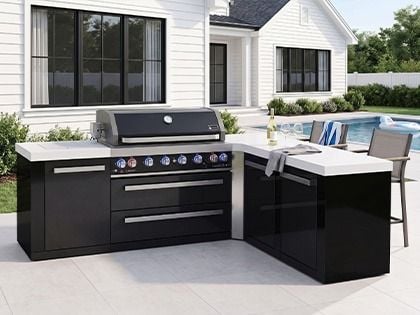 Mont Alpi 6-Burner 94" x 75" Gas Grill Island with 90-Degree Corner, Double Cabinet Module, Infrared Side Burner & Rotisserie Kit - Black Stainless Steel