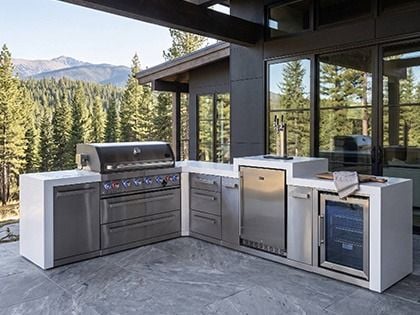 Mont Alpi 6-Burner 94" x 123" Deluxe Grill Island with 90-Degree Corner, Kegerator, Refrigerator, Side Infrared Burner, Rear Infrared Burner & Rotisserie Kit - Stainless Steel