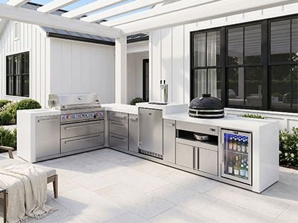 Mont Alpi 6-Burner 93" x 156" Deluxe Grill Island with 90-Degree Corner, Kegerator, Kamado Module, Refrigerator, Triple Drawers, Infrared Burners, and Rotisserie Kit - Stainless Steel