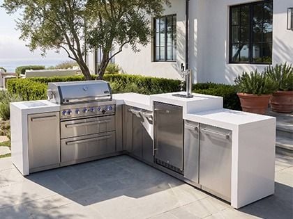 Mont Alpi 6-Burner 94" x 123" Deluxe Grill Island with 90-Degree Corner, Kegerator, Side Infrared Burner, Rear Infrared Burner & Rotisserie Kit - Stainless Steel