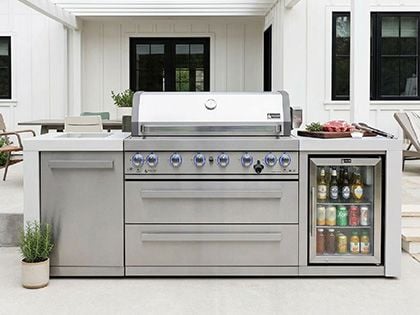 Mont Alpi 6-Burner 94-Inch Deluxe Modular Outdoor Kitchen Island with Fridge, Infrared Burners, and Rotisserie Kit - Stainless Steel