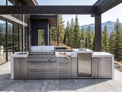 Mont Alpi 6-Burner 14-Foot Deluxe Grill Island with Kegerator, Side Infrared Burner, Rear Infrared Burner & Rotisserie Kit - Stainless Steel