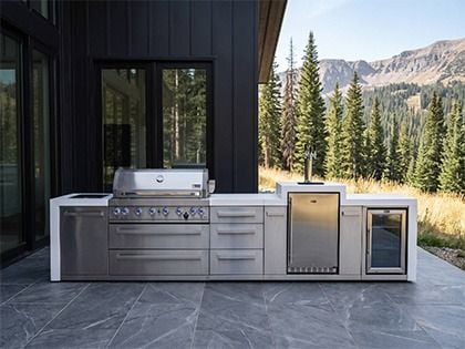 Mont Alpi 6-Burner 14-Foot Deluxe Grill Island with Kegerator, Refrigerator, Side Infrared Burner, Rear Infrared Burner & Rotisserie Kit - Stainless Steel