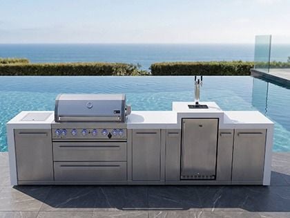 Mont Alpi 6-Burner 14-Foot Deluxe Grill Island with Kegerator, Side Infrared Burner, Rear Infrared Burner & Rotisserie Kit - Stainless Steel