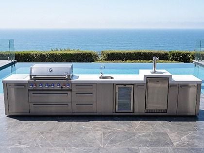 Mont Alpi 6-Burner 17-Foot Grill Island with Infrared Side Burner, Infrared Rear Burner, Kegerator, Sink & Refrigerator - Stainless Steel