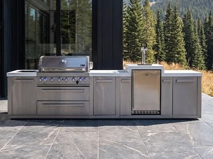 Mont Alpi 6-Burner 14-Foot Grill Island with Infrared Side Burner, Infrared Rear Burner & Kegerator - Stainless Steel