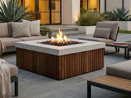 Prism Hardscapes 42-Inch Manchester Square GFRC & Brazilian Hardwood Gas Fire Pit