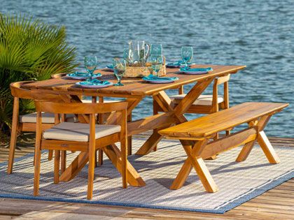 Panama Jack 6-Piece Bali Teak Wood Cushion Rectangular Dining Set with Bench
