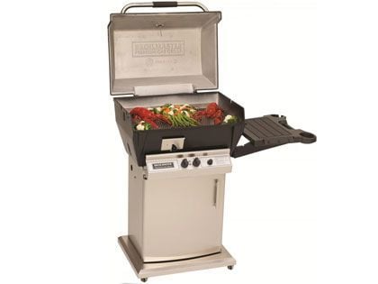 Broilmaster Q3X Qrave Gas Grill On Stainless Steel Storage Cart