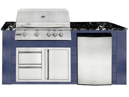 RCS 4-Burner 6-Foot Gas Grill Island with Rear Infrared Burner, Refrigerator, Access Door, Blue Cabinet & Black Granite Countertop