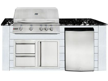 RCS 4-Burner 6-Foot Gas Grill Island with Rear Infrared Burner, Refrigerator, Access Door, White Cabinet & Black Granite Countertop