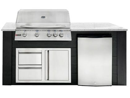 RCS 4-Burner 6-Foot Gas Grill Island with Rear Infrared Burner, Refrigerator, Access Door, Black Cabinet & White Granite Countertop