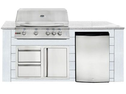 RCS 4-Burner 6-Foot Gas Grill Island with Rear Infrared Burner, Refrigerator, Access Door, White Cabinet & White Granite Countertop