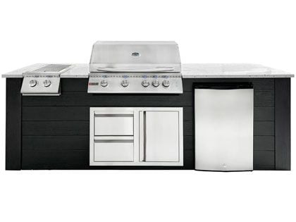 RCS 4-Burner 8-Foot Gas Grill Island with Rear Infrared Burner, Refrigerator, Double Side Burner, Access Door, Black Cabinet & White Granite Countertop