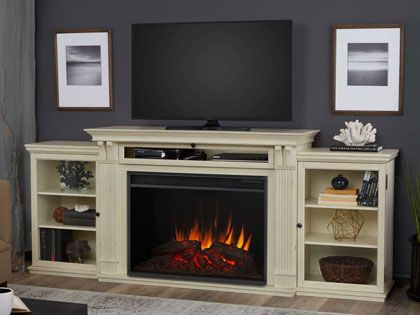 Tracey Grand 84-Inch Electric Fireplace TV Stand in Distressed White