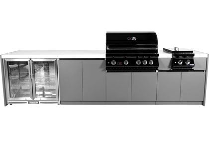 Whistler 4-Burner 133 x 28-Inch Gas Grill Island with Infrared Rear Burner, Refrigerator, Double Side Burner, and Rotisserie Kit - Black Stainless