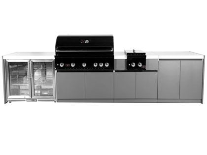 Whistler 5-Burner 141 x 28-Inch Gas Grill Island with Infrared Rear Burner, Refrigerator, Double Side Burner, and Rotisserie Kit - Black Stainless
