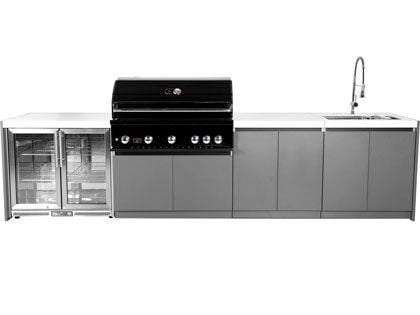 Whistler 5-Burner 141 x 28-Inch Gas Grill Island with Infrared Rear Burner, Refrigerator, Sink, and Rotisserie Kit - Black Stainless