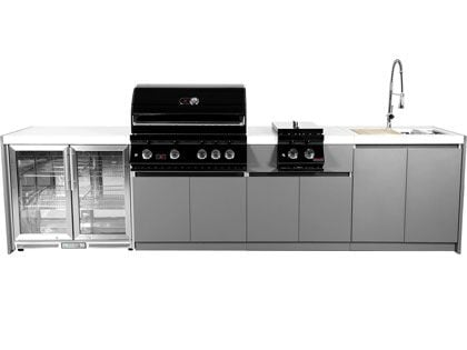 Whistler 4-Burner 133 x 28-Inch Gas Grill Island with Infrared Rear Burner, Refrigerator, Sink, Double Side Burner, and Rotisserie Kit - Black Stainless