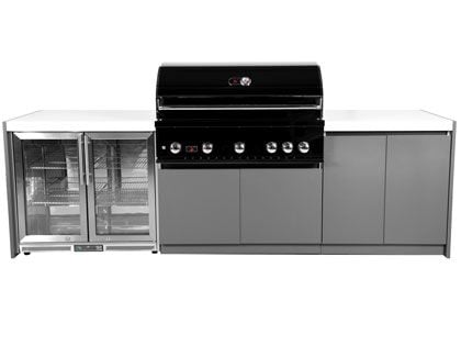 Whistler 5-Burner 110 x 28-Inch Gas Grill Island with Infrared Rear Burner, Refrigerator, and Rotisserie Kit - Black Stainless