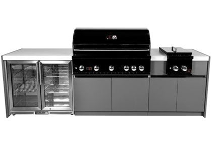Whistler 5-Burner 110 x 28-Inch Gas Grill Island with Infrared Rear Burner, Refrigerator, Double Side Burner, and Rotisserie Kit - Black Stainless