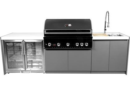 Whistler 5-Burner 110 x 28-Inch Gas Grill Island with Infrared Rear Burner, Refrigerator, Sink, and Rotisserie Kit - Black Stainless