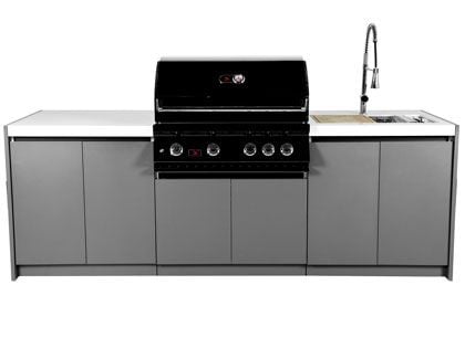Whistler 4-Burner 96 x 28-Inch Gas Grill Island with Infrared Rear Burner, Sink, and Rotisserie Kit - Black Stainless