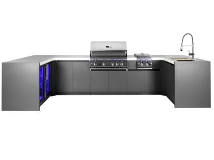 Whistler 4-Burner 155 x 67-Inch Gas Grill Island with Two 90-Degree Corners, Infrared Rear Burner, Refrigerator, Sink, Double Side Burner, and Rotisserie Kit