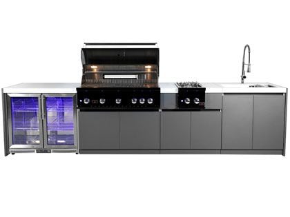 Whistler 5-Burner 141 x 28-Inch Gas Grill Island with Infrared Rear Burner, Refrigerator, Sink, Double Side Burner, and Rotisserie Kit - Black Stainless