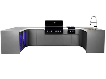 Whistler 4-Burner 155 x 67-Inch Gas Grill Island with Two 90-Degree Corners, Infrared Rear Burner, Refrigerator, Sink, Double Side Burner, and Rotisserie Kit - Black Stainless