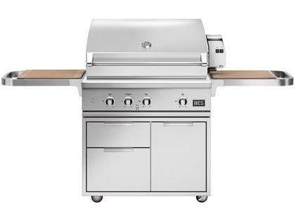 DCS Series 9 36-Inch Gas Grill with Rotisserie & Charcoal on CAD Cart with Cutting Board Side Shelves