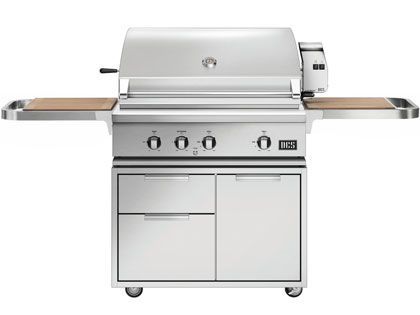DCS Series 7 36-Inch Gas Grill with Rotisserie & Infrared Burner on CAD Cart with Cutting Board Side Shelves